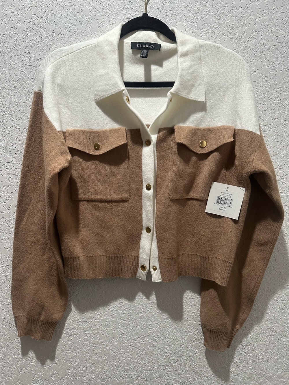 New Ellen Tracy Two-Tone Cream and Brown Knit snap shacket sweater top medium
